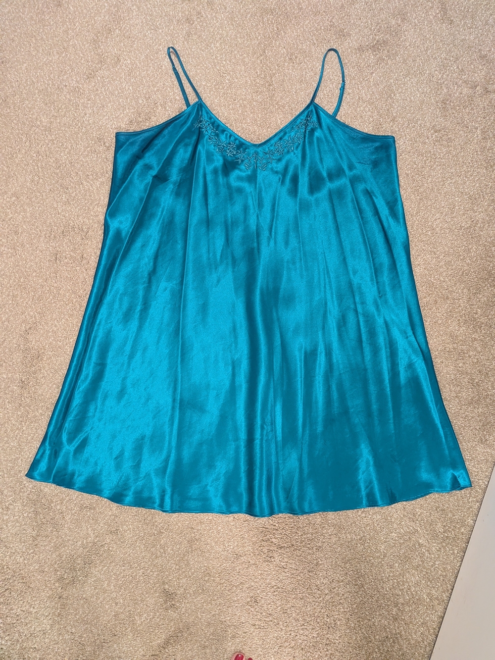 Silk-Look Teal Chemise With Embroidery Trim